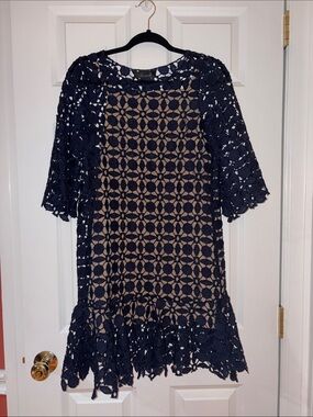 Chicwish Navy Crochet Overlay Mini Dress with Neutral Slip